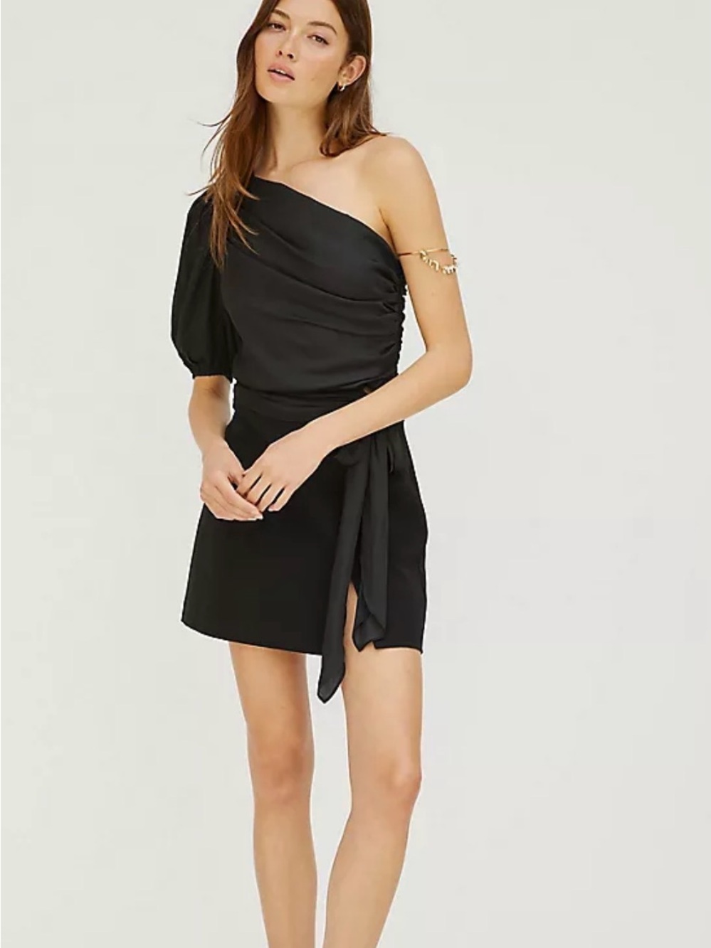 dolan One-Shoulder Black Mini Dress with Puff Sleeve and Side Tie